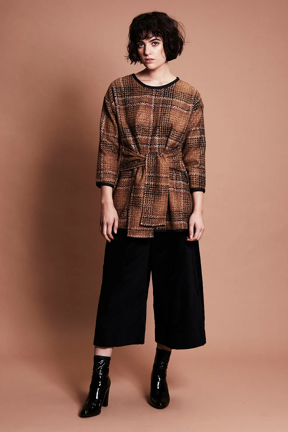 MASALA JUMPER [ Tan Brown Plaid Wool Blend, Waist Ties ]