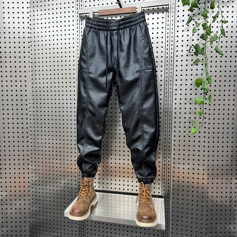 Men's Hip Hop Harem Pants Joggers PU Stitching Pants Elastic Waist Baggy Drop Crotch Sweatpants