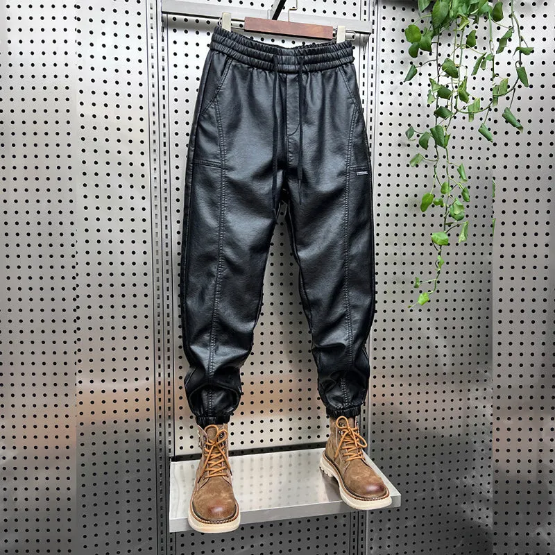 Men's Hip Hop Harem Pants Joggers PU Stitching Pants Elastic Waist Baggy Drop Crotch Sweatpants