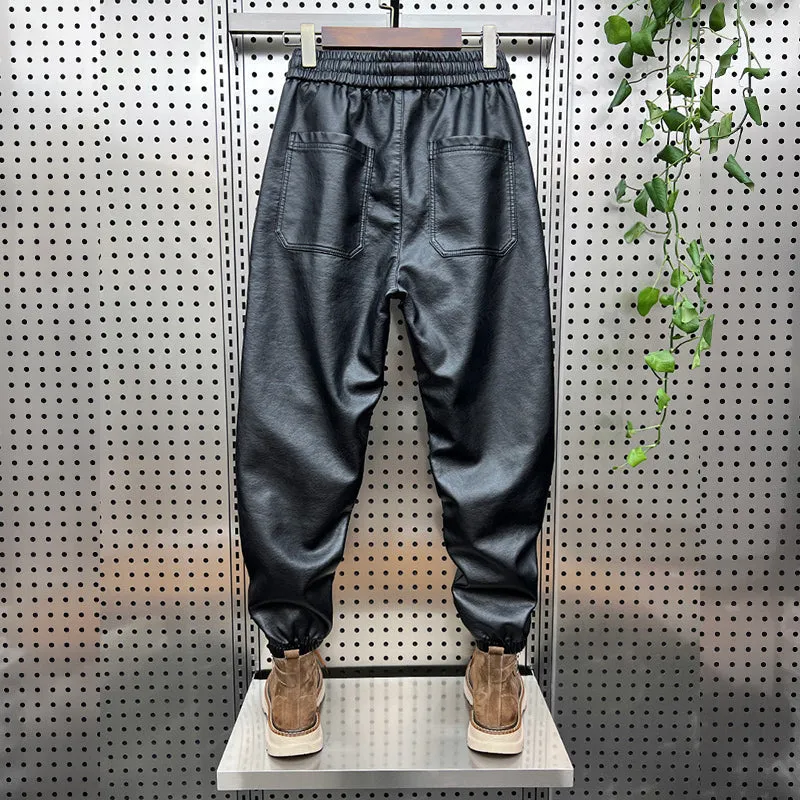 Men's Hip Hop Harem Pants Joggers PU Stitching Pants Elastic Waist Baggy Drop Crotch Sweatpants