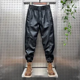 Men's Hip Hop Harem Pants Joggers PU Stitching Pants Elastic Waist Baggy Drop Crotch Sweatpants