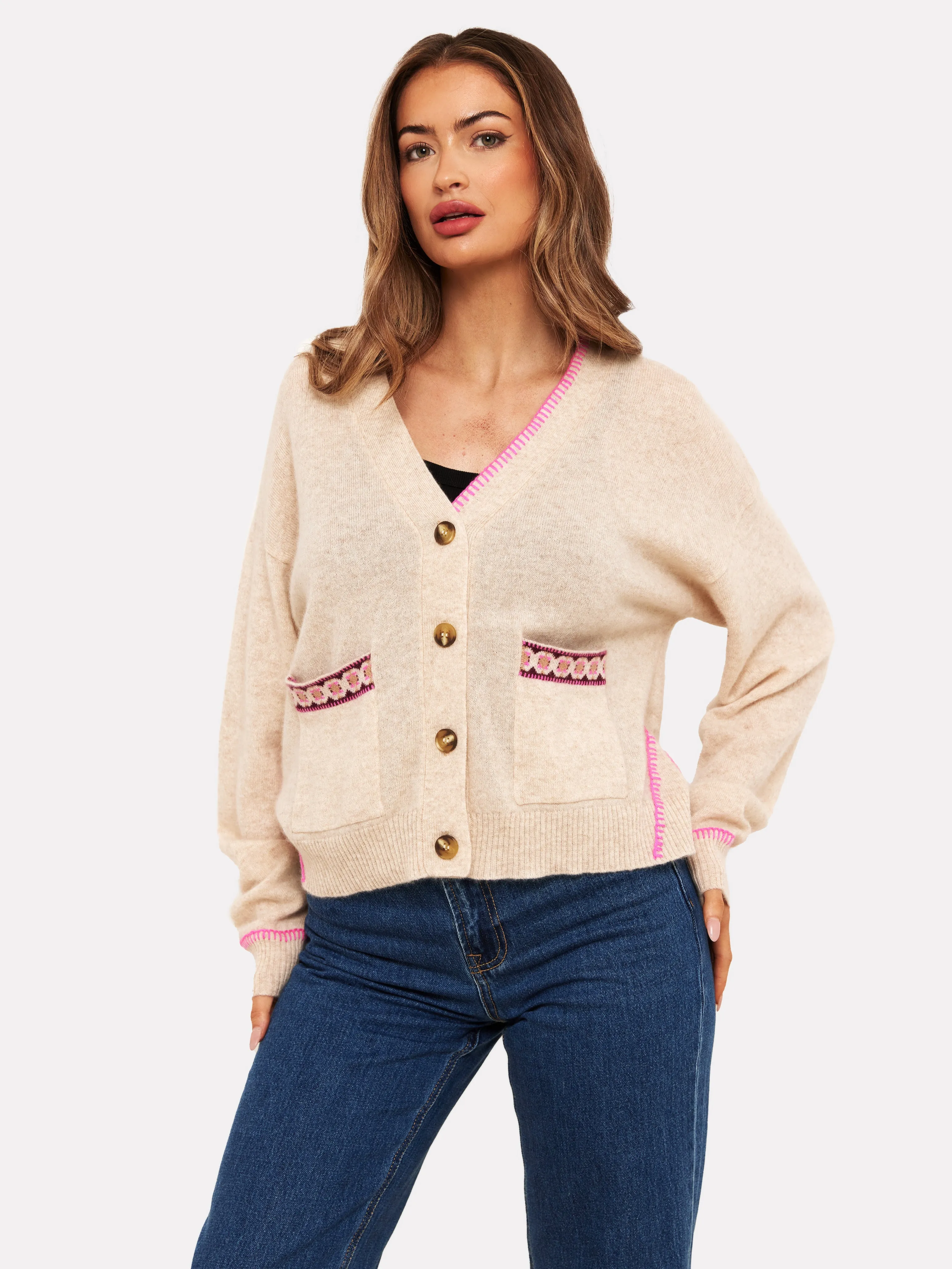 Mila Geo Trim Cashmere Cardigan