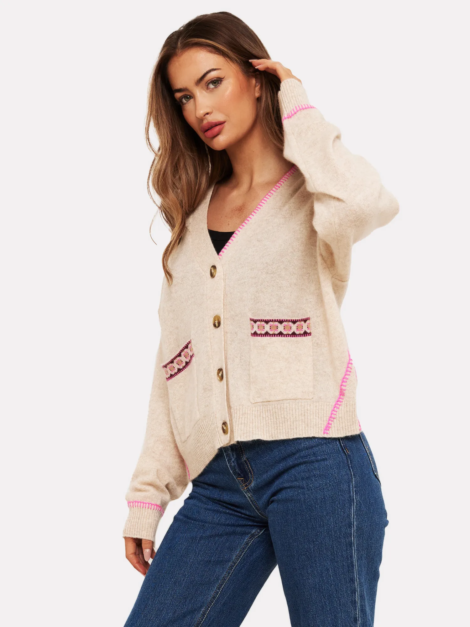 Mila Geo Trim Cashmere Cardigan