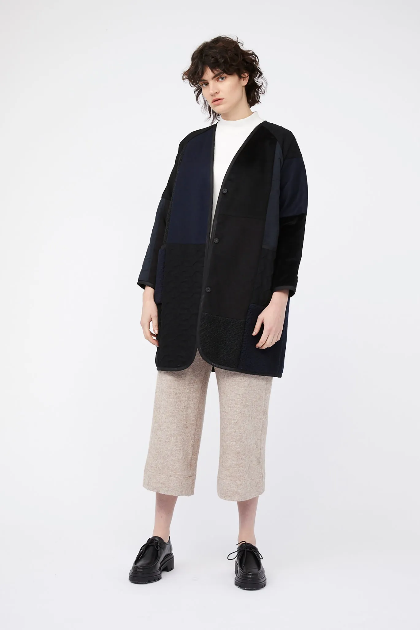 MOSAIC REVERSIBLE COAT ~ NAVY / BLACK [ Quilted Patchwork, Wool, Linen, Cotton ]