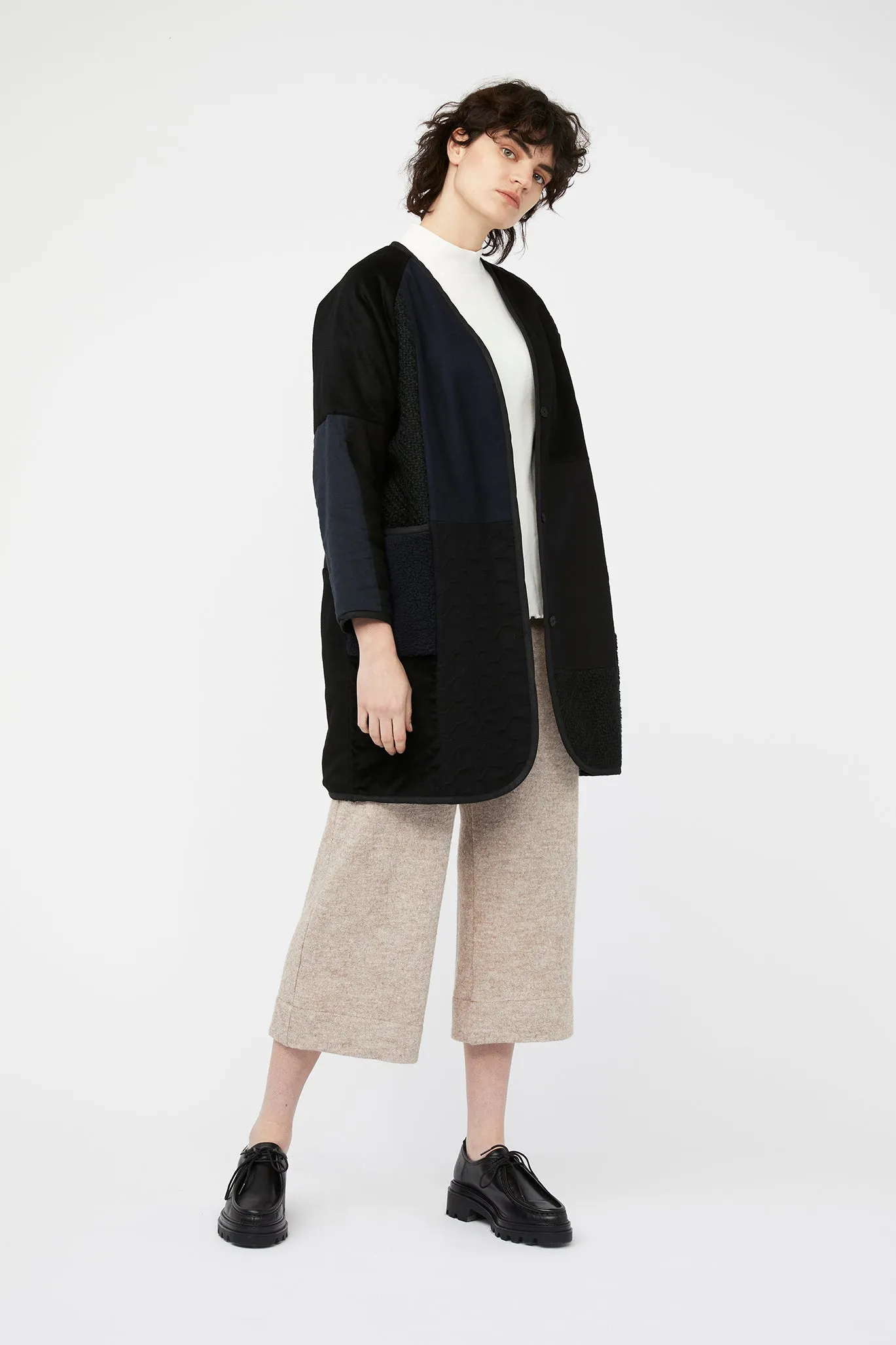 MOSAIC REVERSIBLE COAT ~ NAVY / BLACK [ Quilted Patchwork, Wool, Linen, Cotton ]