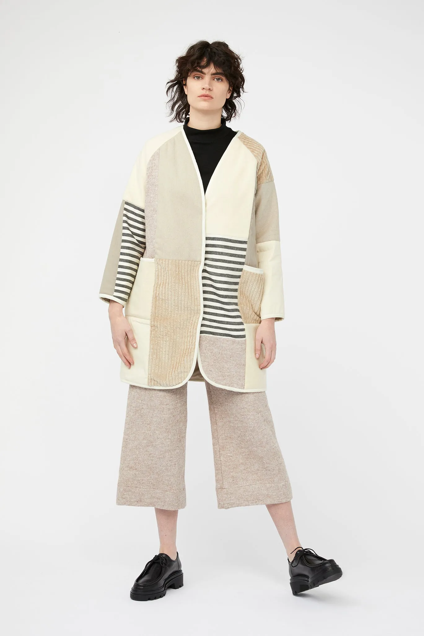 MOSAIC REVERSIBLE COAT ~ NEUTRALS [ Quilted Patchwork, Cream Wool, Linen ]