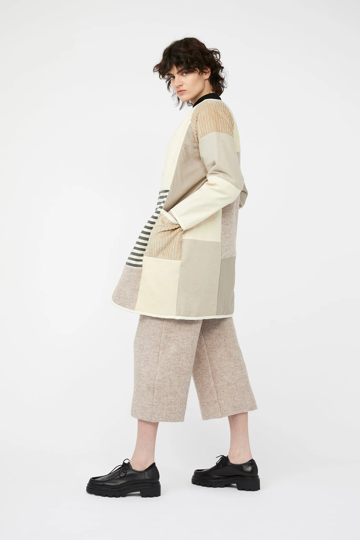 MOSAIC REVERSIBLE COAT ~ NEUTRALS [ Quilted Patchwork, Cream Wool, Linen ]