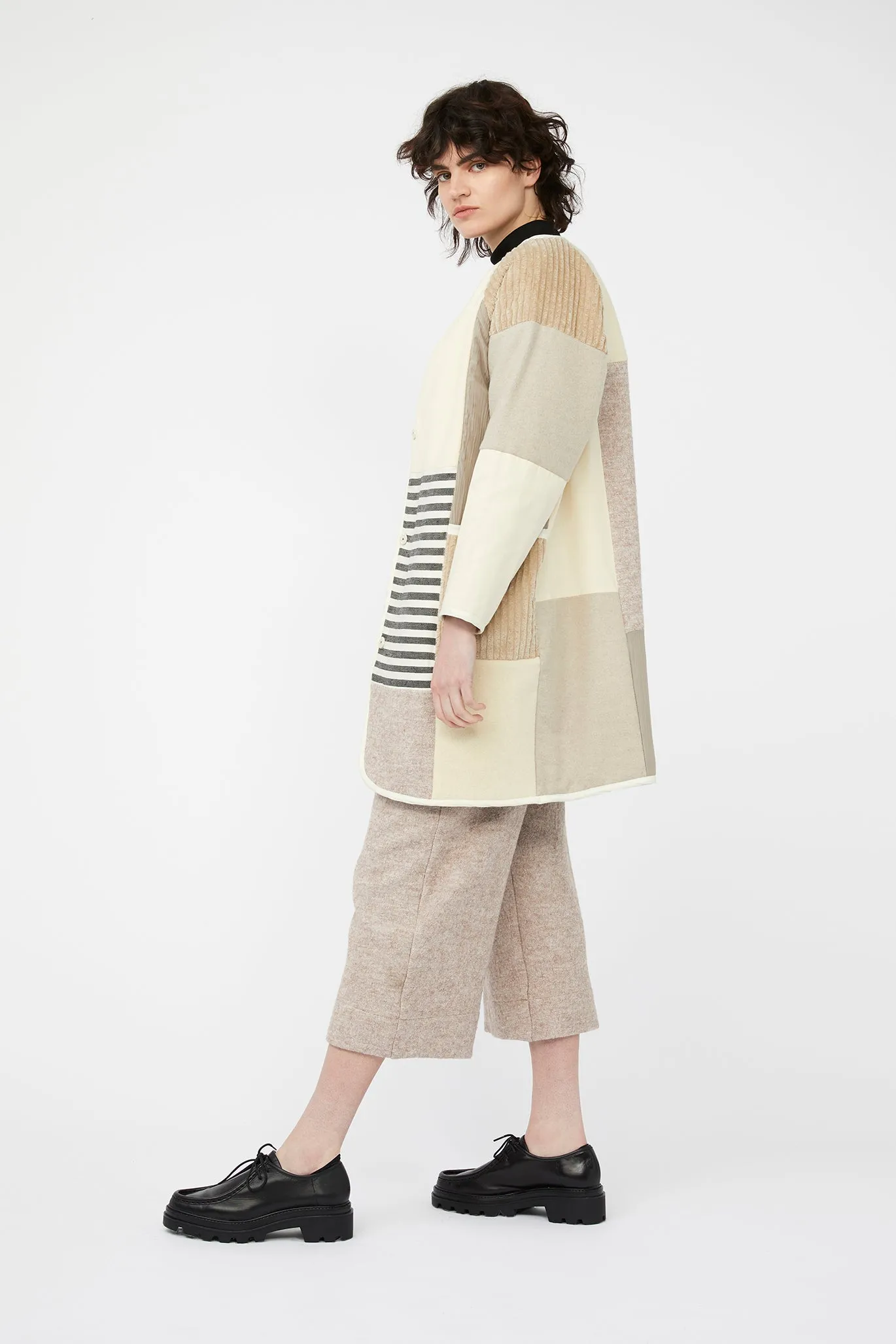 MOSAIC REVERSIBLE COAT ~ NEUTRALS [ Quilted Patchwork, Cream Wool, Linen ]