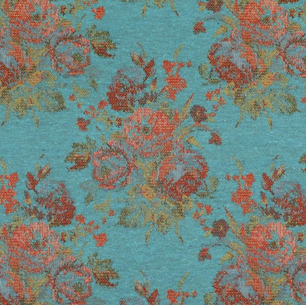 NEW Miss Juniper Designer Floral Needlepoint Inspired Upholstery Fabric- Turquoise & Roses