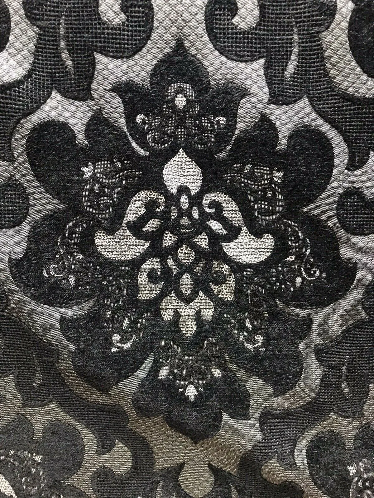 NEW Queen Allyson Designer Velvet Chenille Quilted Medallion Burnout Upholstery Fabric - Black