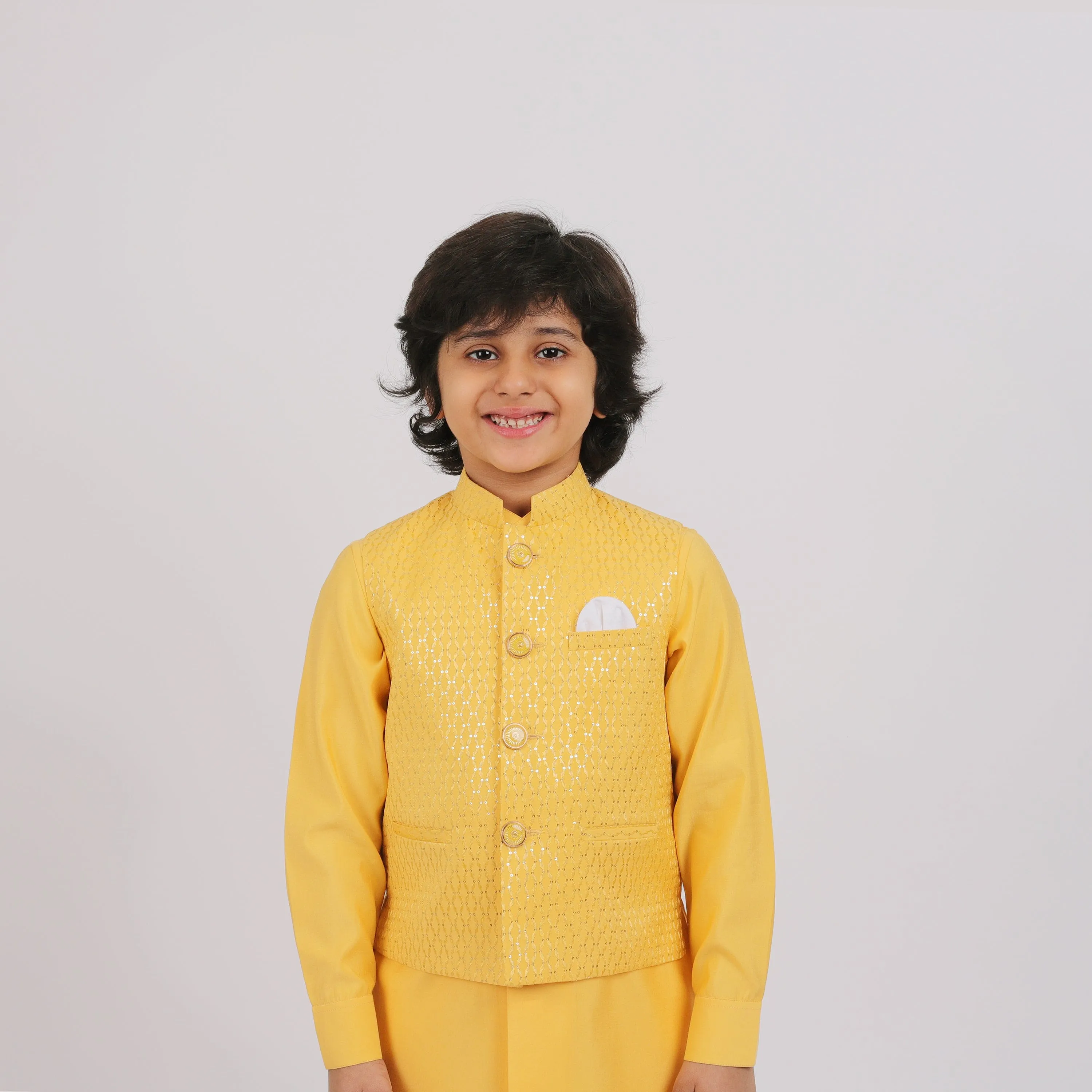 Pre-Order : YELLOW BANDI SET WITH YELLOW KURTA AND OFF WHITE PANTS  for Boys