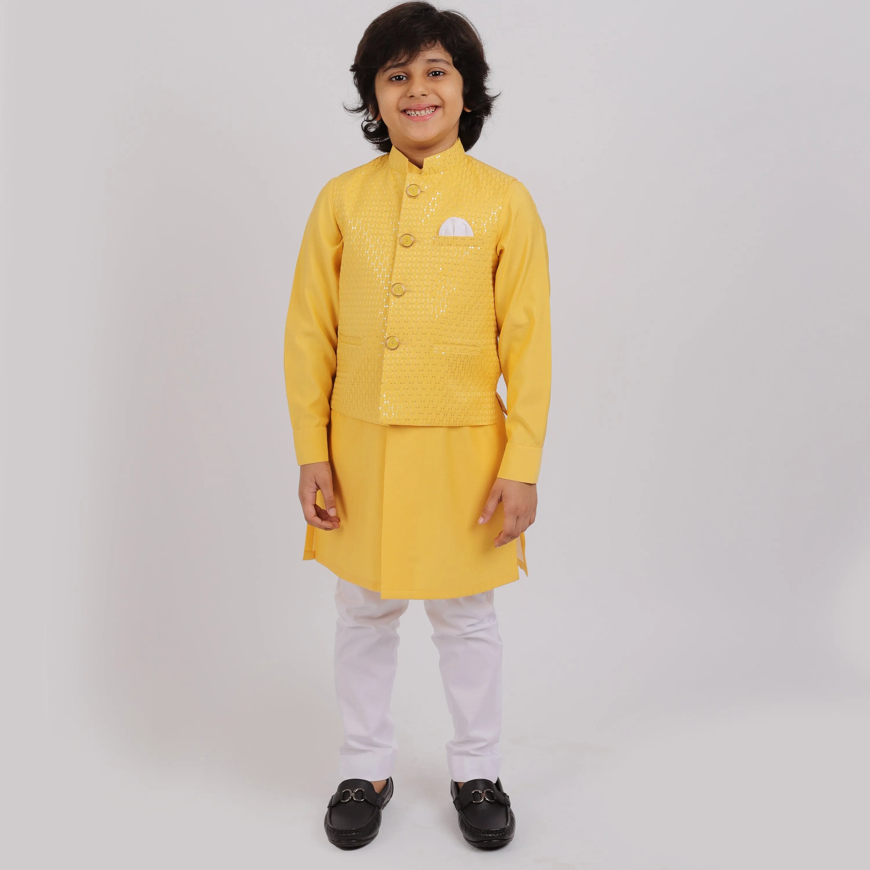 Pre-Order : YELLOW BANDI SET WITH YELLOW KURTA AND OFF WHITE PANTS  for Boys