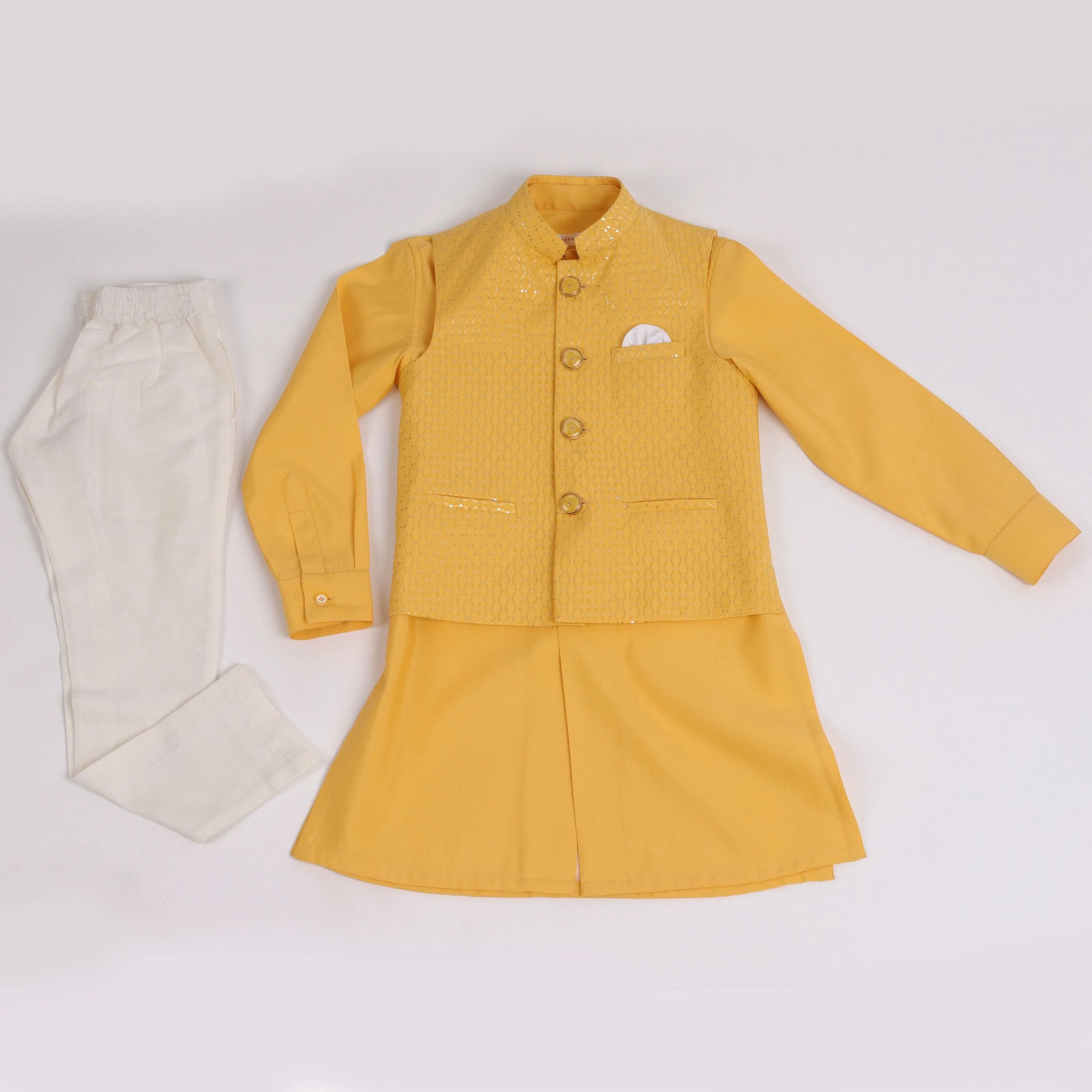 Pre-Order : YELLOW BANDI SET WITH YELLOW KURTA AND OFF WHITE PANTS  for Boys