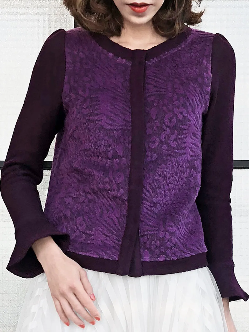 Surprise Sale! Wine Purple-Red Pattern Panel Woollen Cardigan