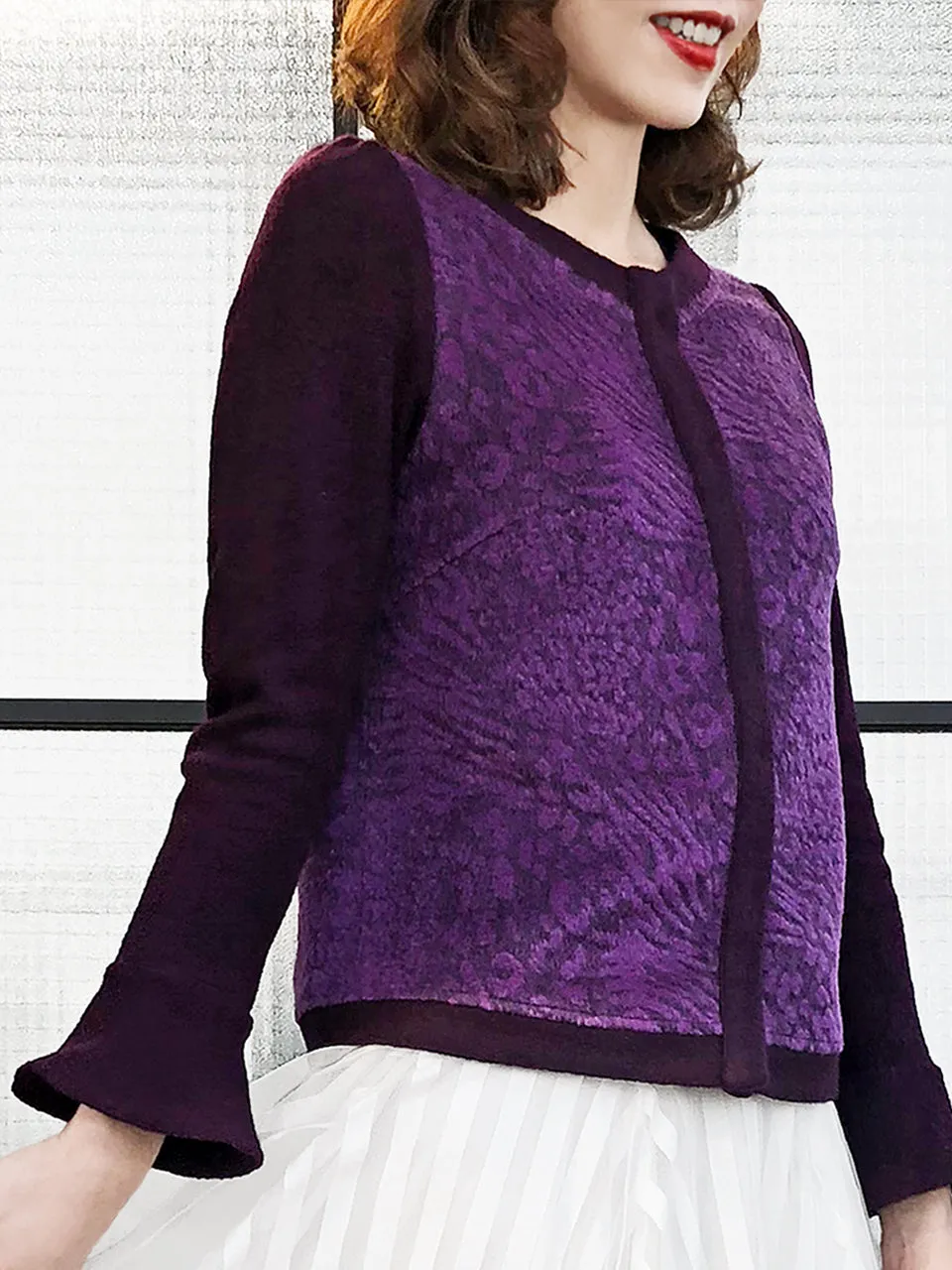 Surprise Sale! Wine Purple-Red Pattern Panel Woollen Cardigan