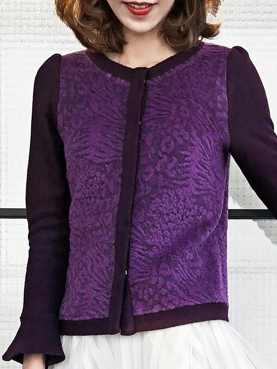 Surprise Sale! Wine Purple-Red Pattern Panel Woollen Cardigan