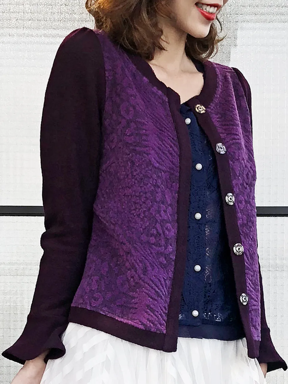 Surprise Sale! Wine Purple-Red Pattern Panel Woollen Cardigan