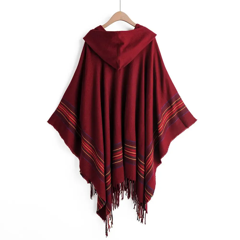 Wiaofellas  -  Autumn New Women Cape Coat Cashmere Fringe Poncho Oblique Stripe Vintage Cloak Coat Bohemian Shawl Hooded Shawl Man Streetwear