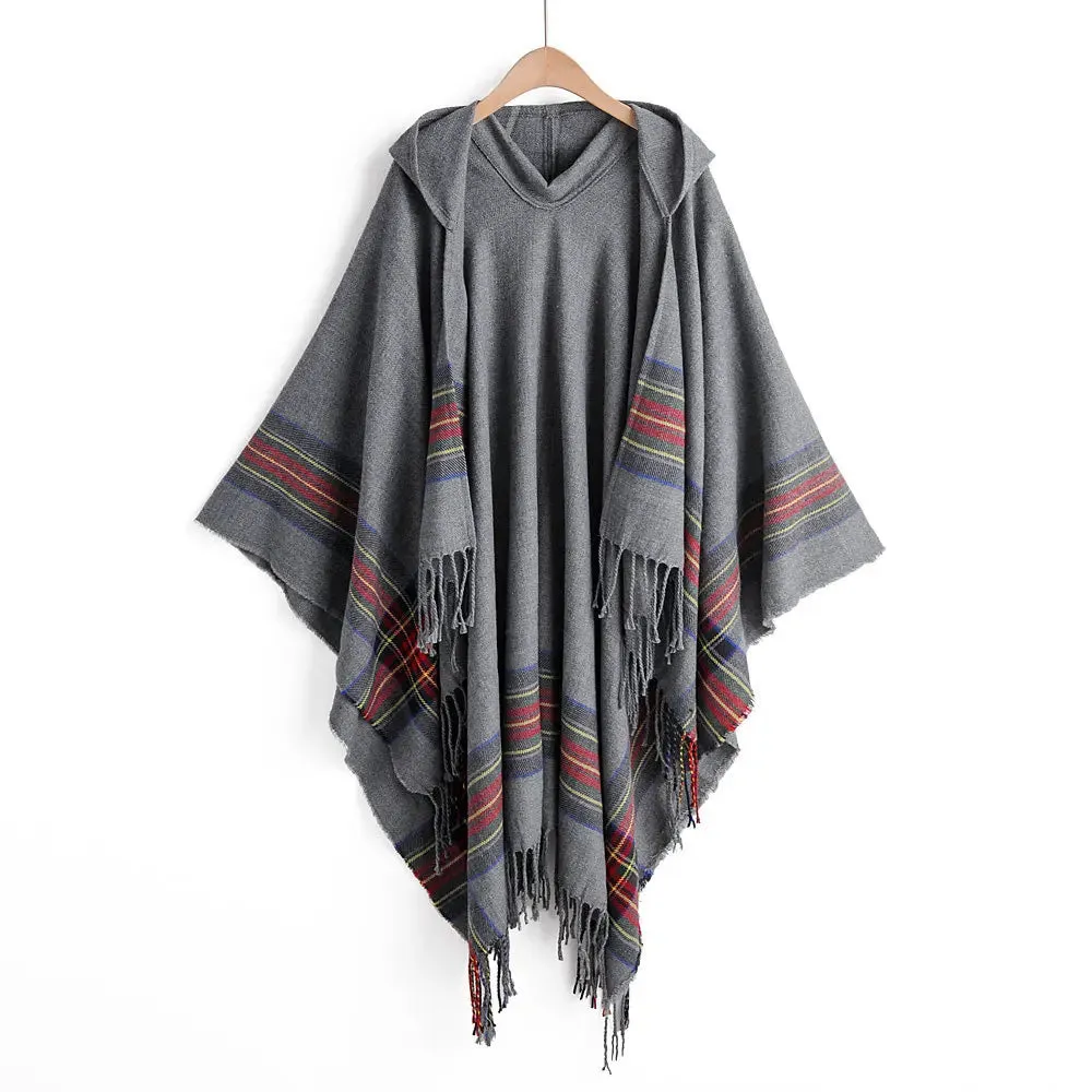 Wiaofellas  -  Autumn New Women Cape Coat Cashmere Fringe Poncho Oblique Stripe Vintage Cloak Coat Bohemian Shawl Hooded Shawl Man Streetwear