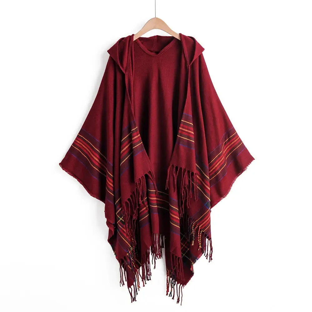 Wiaofellas  -  Autumn New Women Cape Coat Cashmere Fringe Poncho Oblique Stripe Vintage Cloak Coat Bohemian Shawl Hooded Shawl Man Streetwear