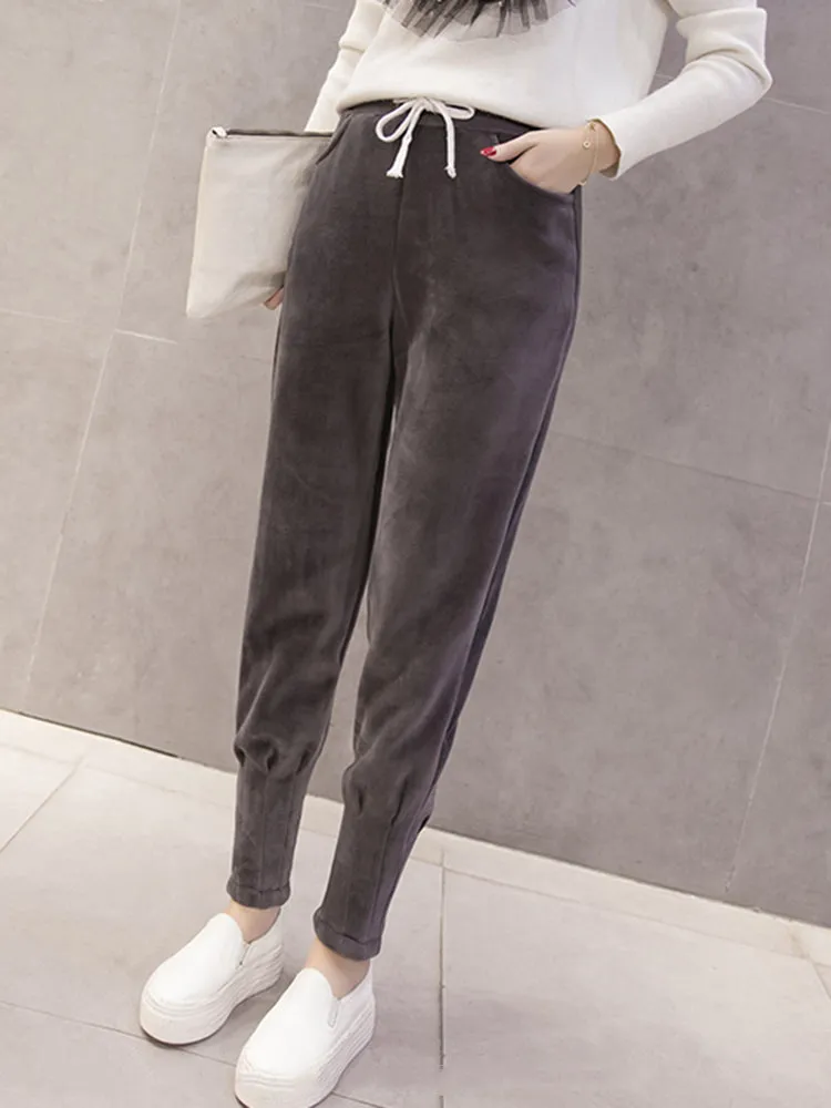 Women Pure Color Drawstring Waist Thicken Velvet Harem Pants