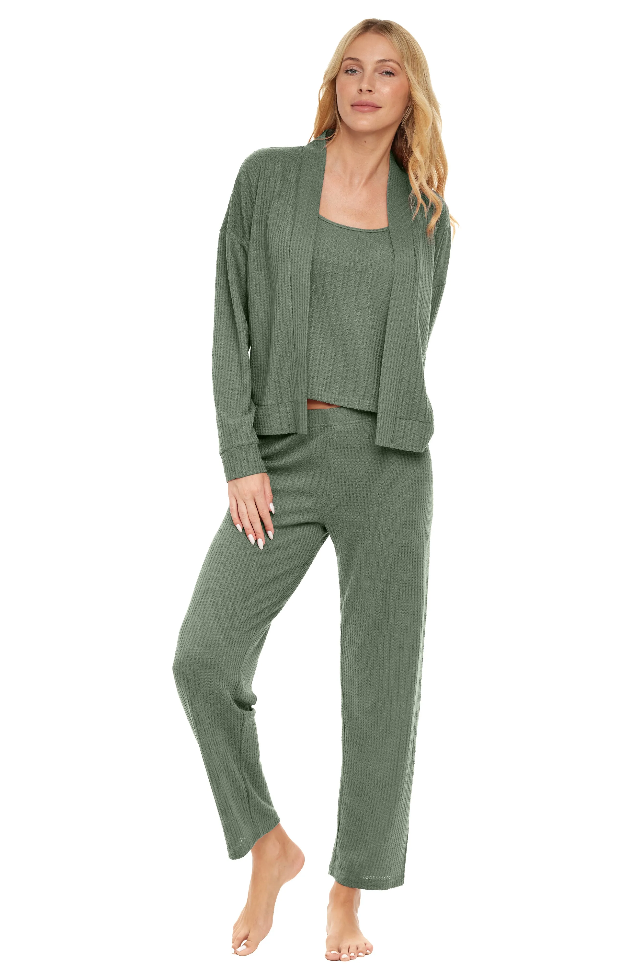 Women's Knit Cardigan Sleepwear Set- Hip Length Jacket, Cami Top and Pajama Pants